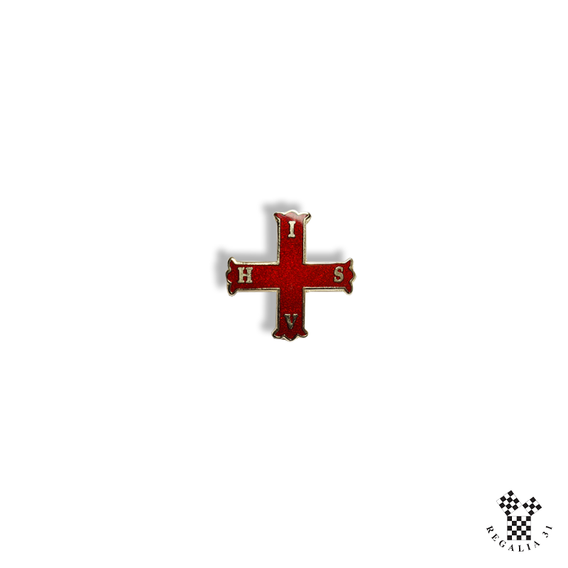 Épinglette Croix Rouge de Constantin (C.R.C.), croix florancée émaillée rouge cloisonné / métal doré
