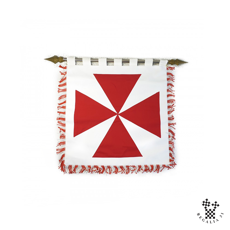 Bannière "Vexillum Belli", faille blanche + rouge, franges blanc/rouge, sur traverse avec cordelière