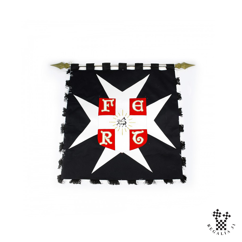 Bannière "Malte", faille blanc/noir/rouge, franges blanc/noir, sur traverse avec cordelière
