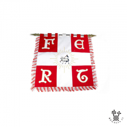 Bannière "Saint-Jean", faille blanche + rouge, franges blanc/rouge, sur traverse avec cordelière